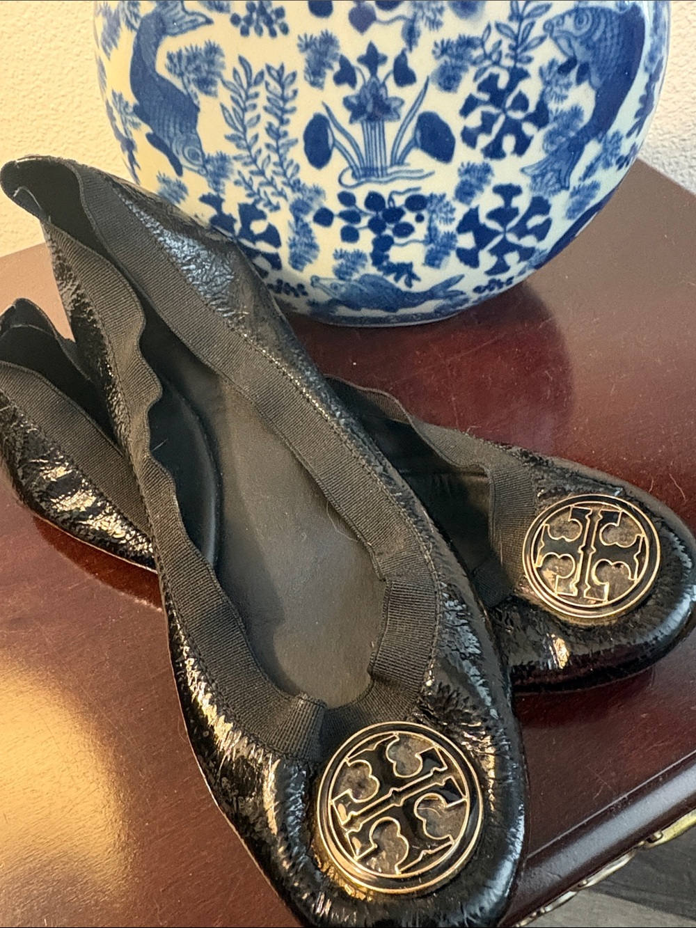 Tory Burch Black Patent Ballet Flats with Logo Medallion